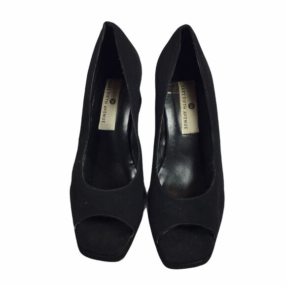 Vintage Saks Fifth Avenue Square Peep Toe Heels Size 8.5 M Black Block Pumps - Picture 2 of 8